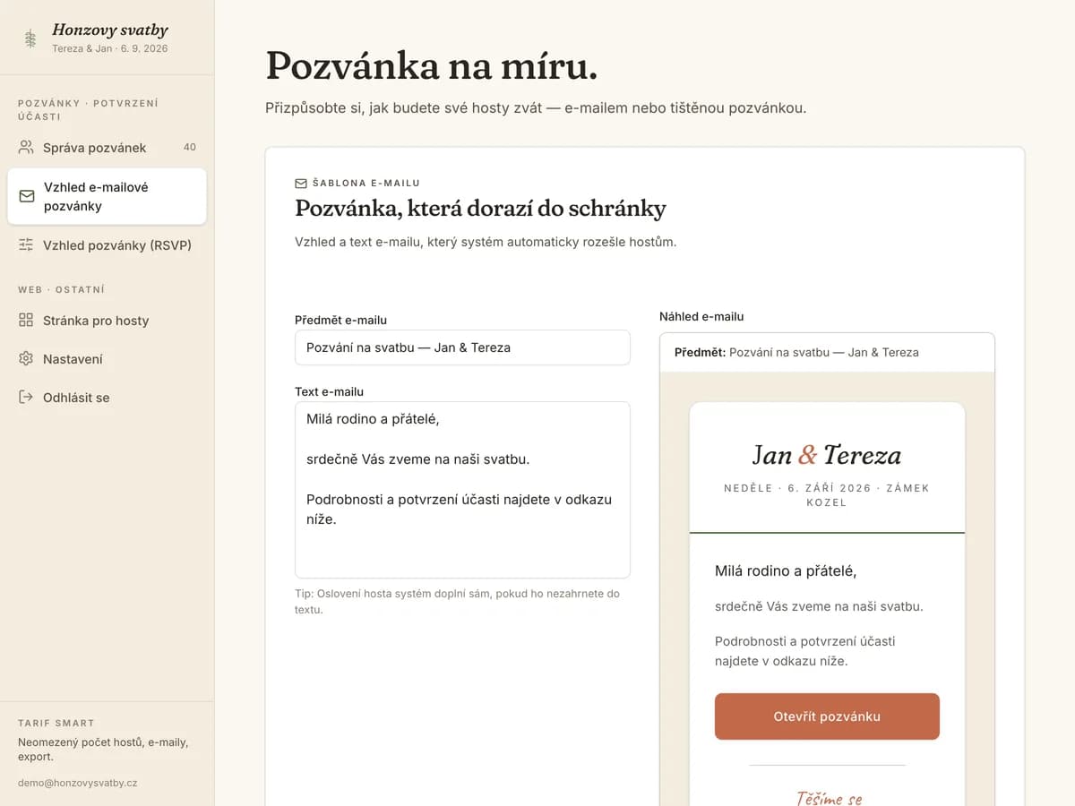 Editor e-mailové pozvánky s živým náhledem